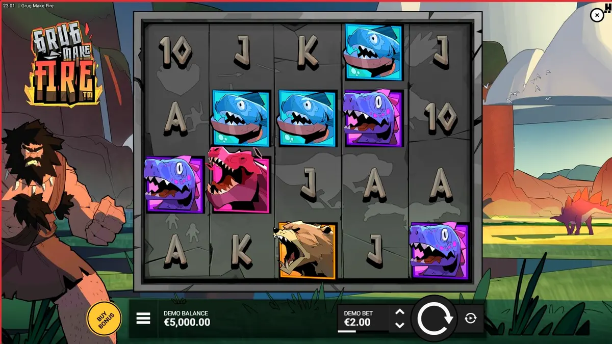 Tampilan visual slot Grug Make Fire dengan tema prasejarah dan efek api