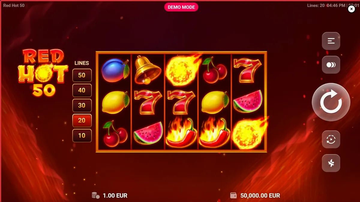 Tampilan antarmuka mobile slot Red Hot 50 dengan latar belakang vulkanik