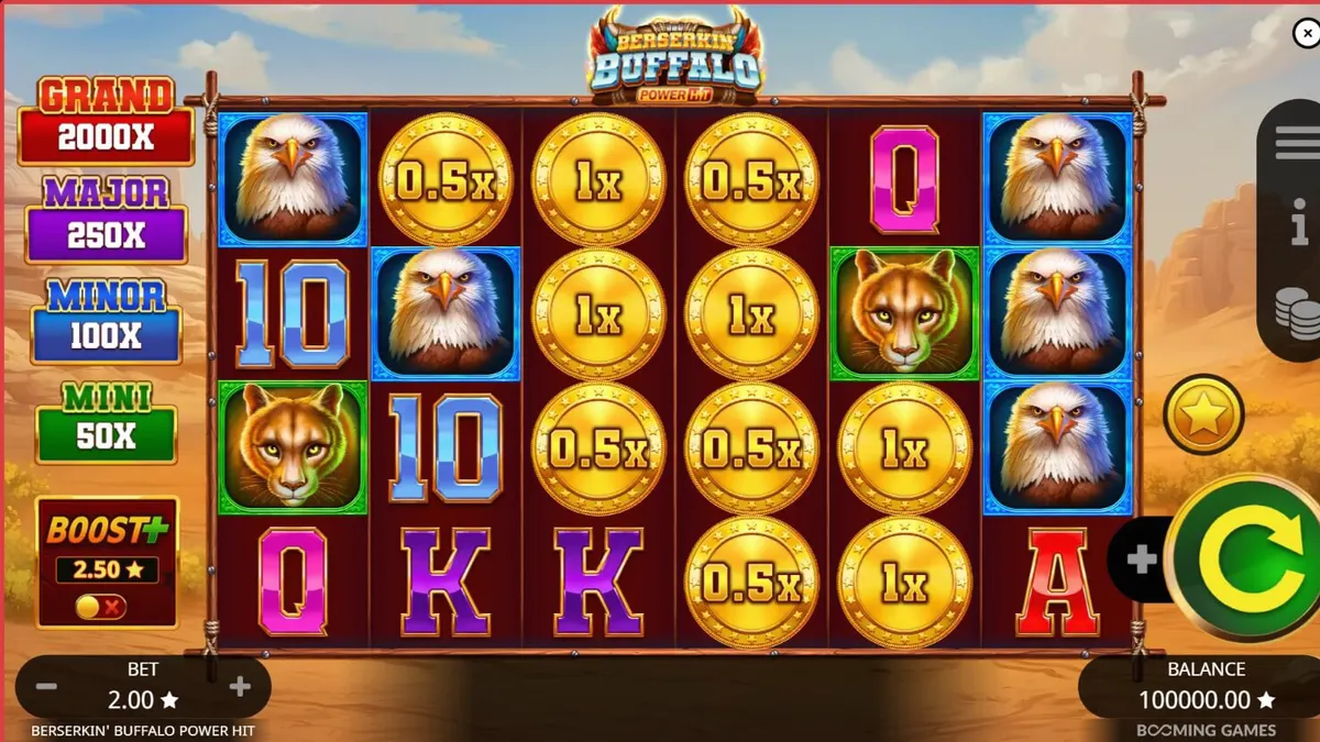 Tampilan visual slot Berserkin’ Buffalo Power Hit dengan latar belakang alam liar dan simbol hewan perkasa.