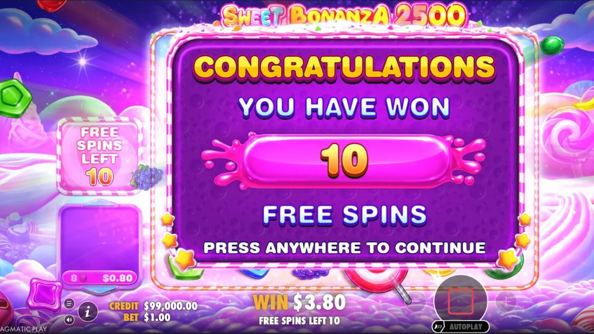 Tampilan visual penuh warna dari slot Sweet Bonanza 2500 dengan simbol permen dan buah-buahan.